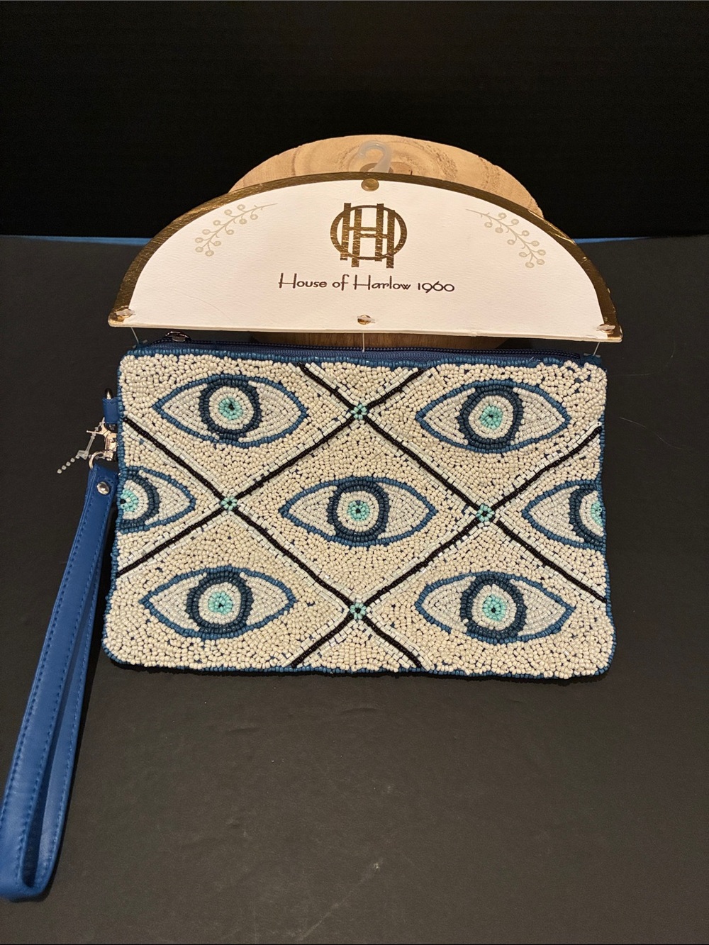 House of Harlow 1960 Blue and White Beaded Evil Eye 🧿 Large Wristlet Clutch 9x6